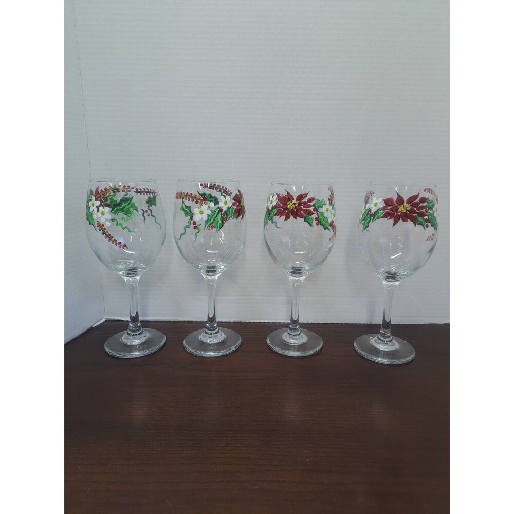 Set Of 4 Hand Painted Poinseyta Theme Wine Glasses